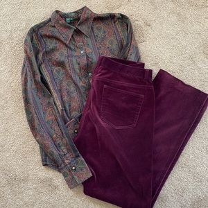 Ralph Lauren burgundy velvet pants, size 8 and matching blouse size M. Like new!